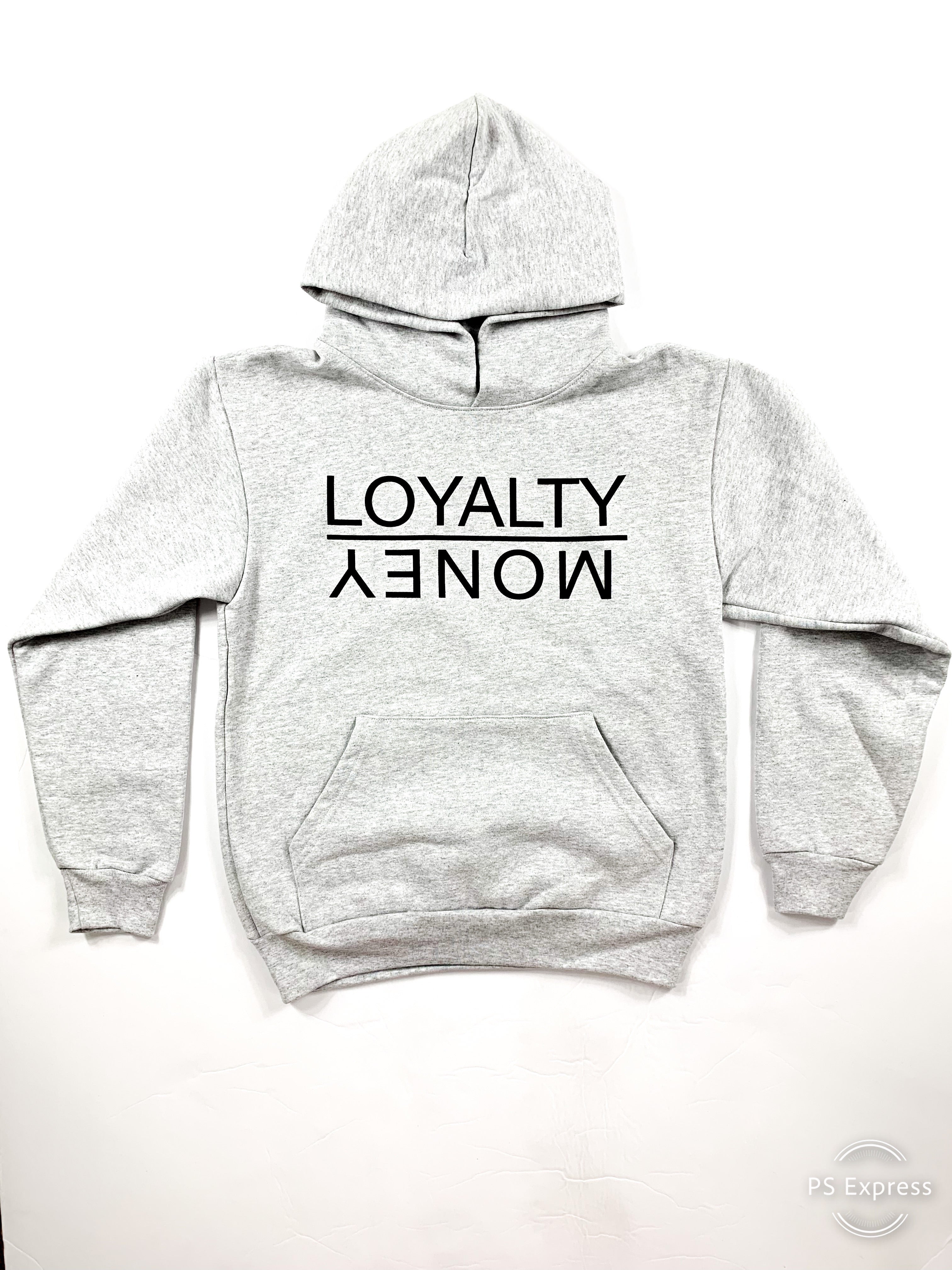 LIGHT GREY AND BLACK LOYALTY OVER MONEY HOODIES