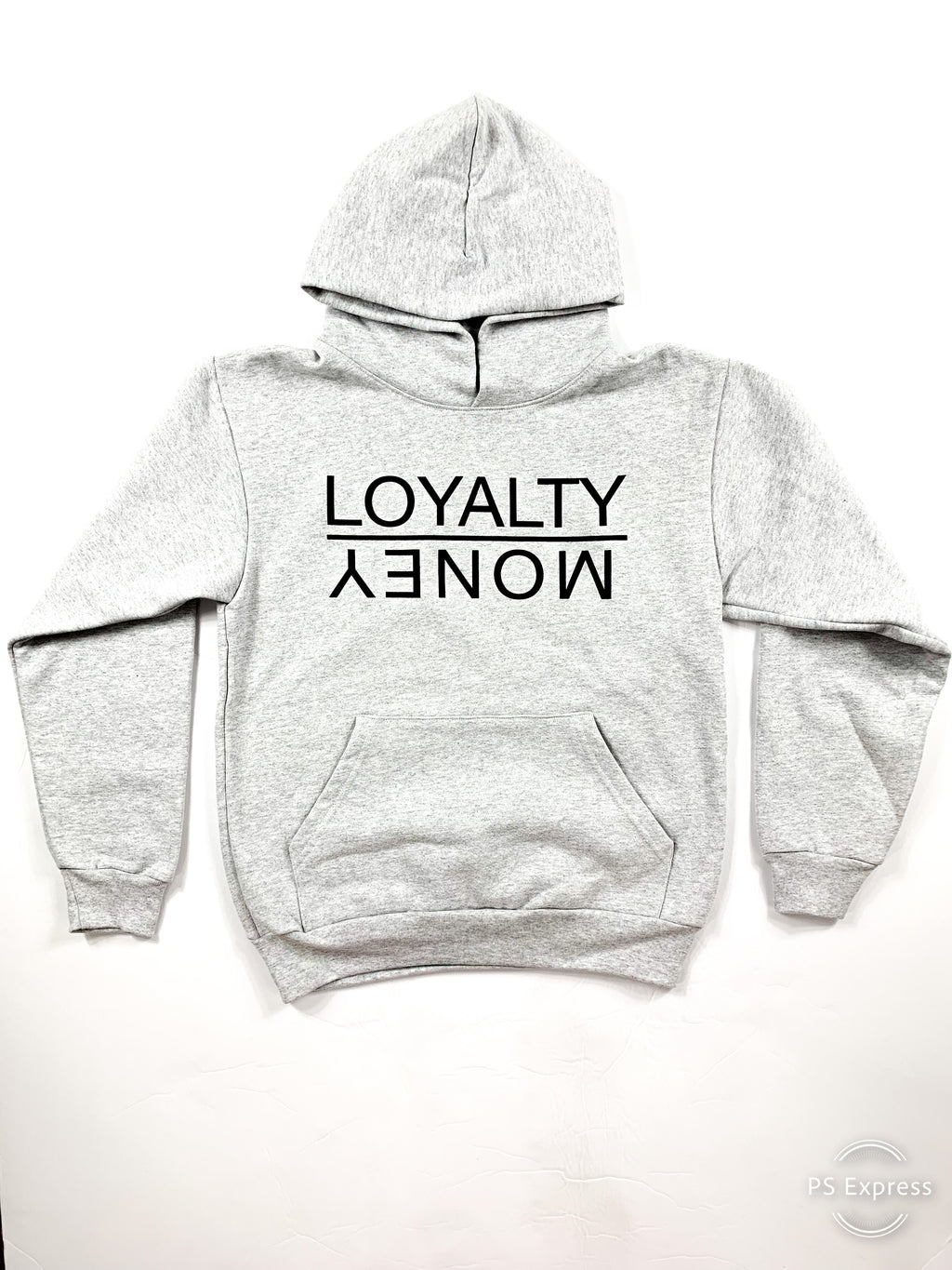 LIGHT GREY AND BLACK LOYALTY OVER MONEY HOODIES
